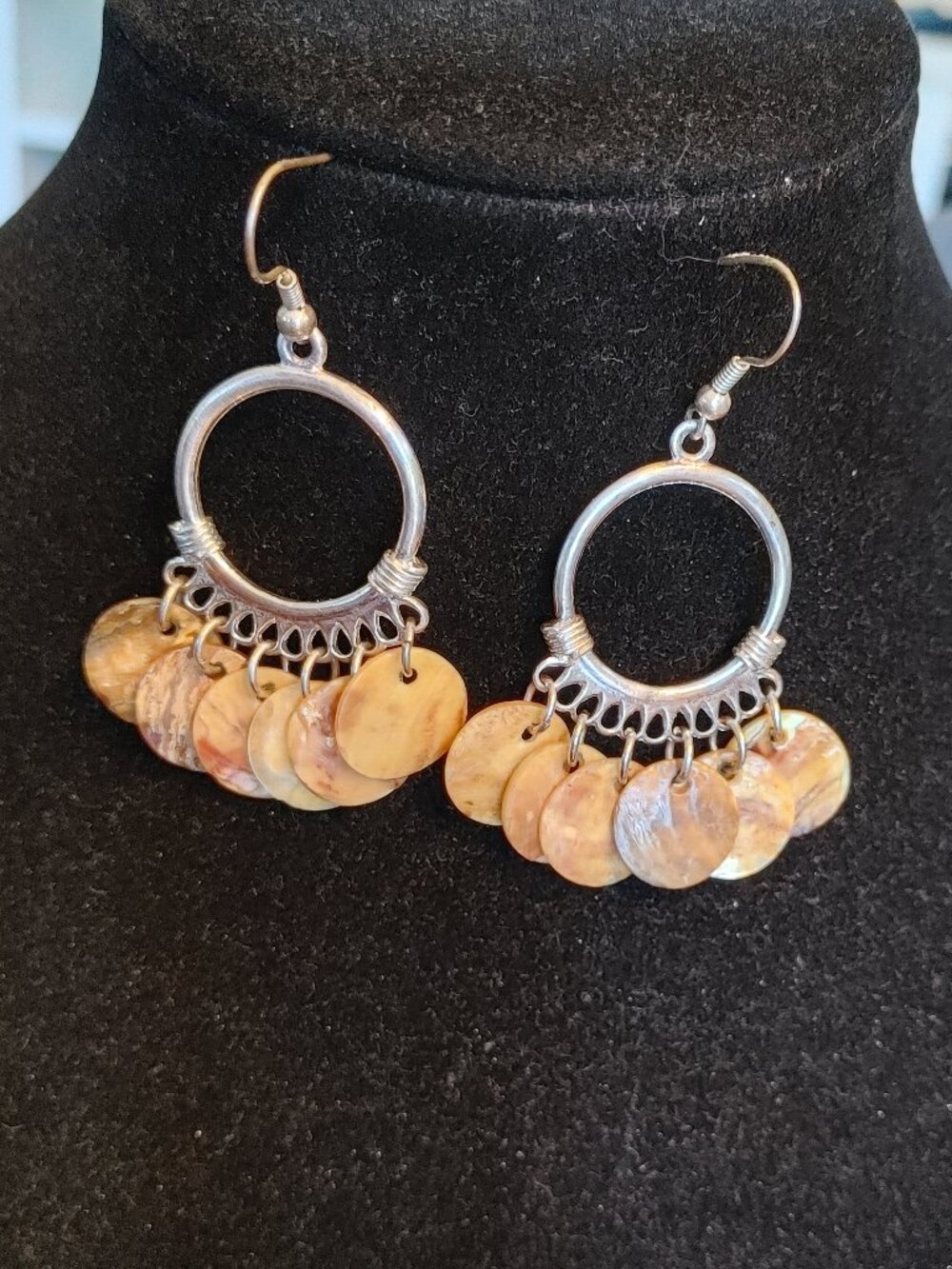 Vintage Bali Design Brown Shell Hoop Dangle Earrings - Silver Tone